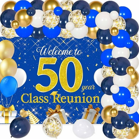 50th Year Class Reunion Party Decoration, Blue and Gold Balloon Arch,Blue and Gold 50th Anniversary Class Reunion Theme Backdrop Balloon Garland Kit