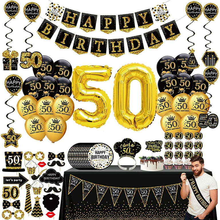 50th Birthday Decorations for Men(76Pack) Black Gold Party Banner, Pennant, Hanging Swirl, Birthday Balloons, Tablecloths, Cupcake Topper, Crown, P