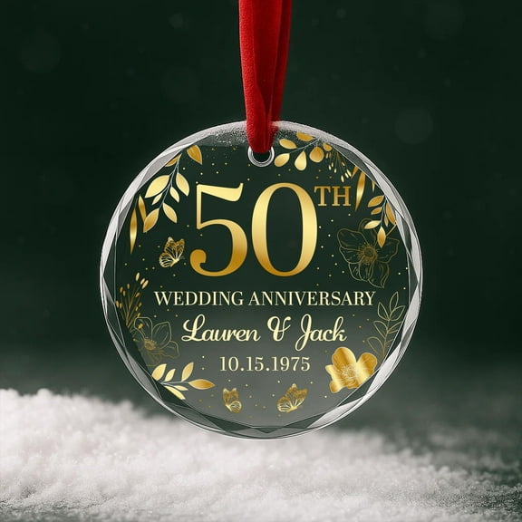 50th wedding anniversary glass ornament gift, personalized couple names & date, golden anniversary Christmas keepsake decoration