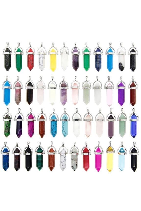 50x/Set Hexagonal Healing Pointed Chakra Beads Pendant Necklace Bullet Shape Quartz Crystal Gemston Charms DIY Crafts
