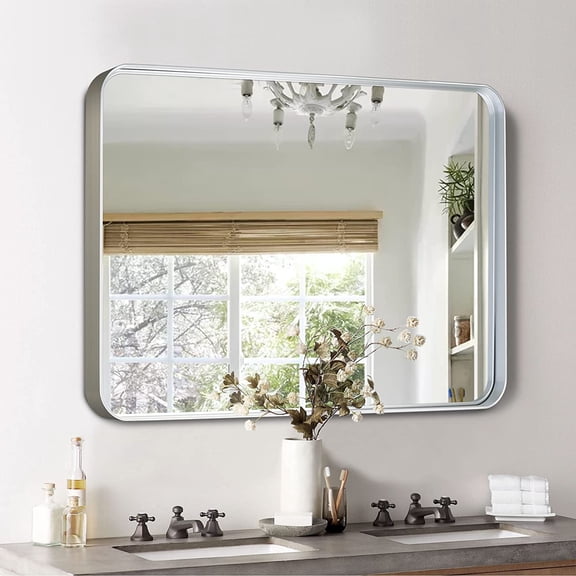 50x32 Inch Bathroom Vanity Mirror, Alloy Frame Wall Mirror for Bathroom Vanity, Bedroom, Hallway and Home Deco, Modern and Farmhouse Room Makeover Mirror, Round Corners, Silver