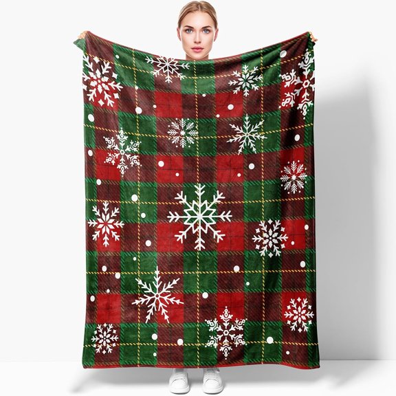 50x40 Christmas Snowflake Plaid Blanket - Red & Green Holiday Blanket - Super Soft & Warm - Perfect for Couch, Bed, or Travel - Great