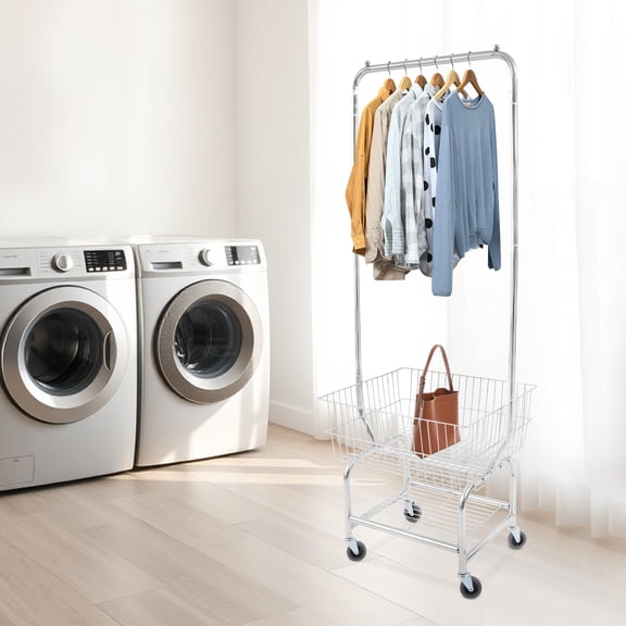 50x40x180cm Large Capacity Clothes Cart with 4 Wheels Rolling Laundry Cart Laundry Cart with Hanging Rod Silver Color