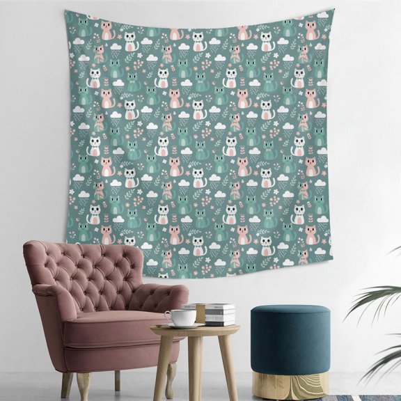 50x50 Inch Square Wall Tapestry for Indoor & Outdoor, Living Room, Bedroom, Teen Room,Cat Cloud Floral Teal Pattern