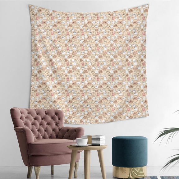 50x50 Inch Square Wall Tapestry for Indoor & Outdoor, Living Room, Bedroom, Teen Room,Cat Face Collage Beige Pattern