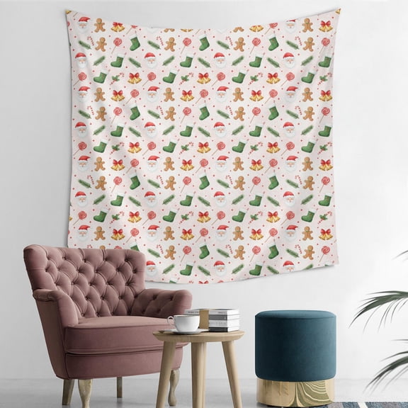 50x50 Inch Square Wall Tapestry for Indoor & Outdoor, Living Room, Bedroom, Teen Room,Christmas Santa Stocking Gingerbread Light Pink Pattern