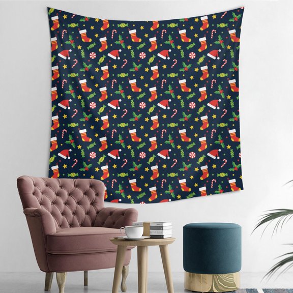 50x50 Inch Square Wall Tapestry for Indoor & Outdoor, Living Room, Bedroom, Teen Room,Christmas Stocking Candy Dark Blue Pattern