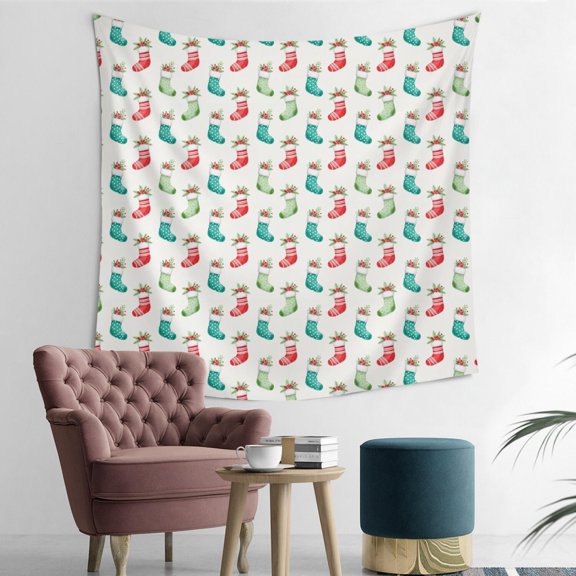 50x50 Inch Square Wall Tapestry for Indoor & Outdoor, Living Room, Bedroom, Teen Room,Christmas Stocking Holly White Pattern