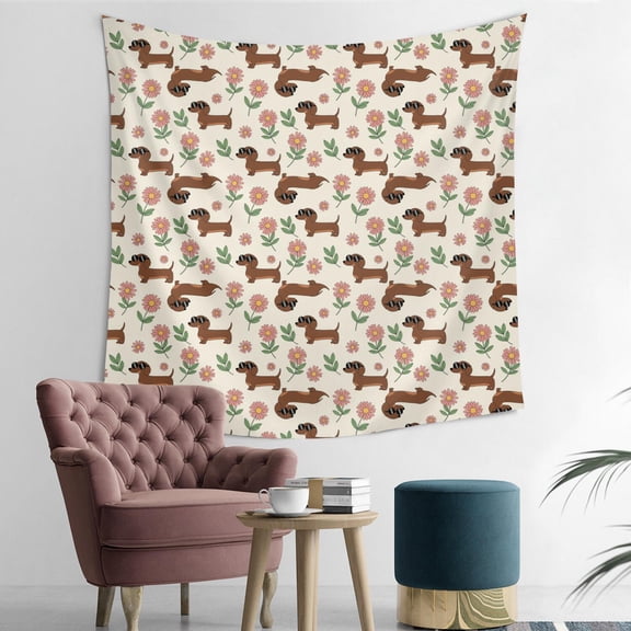 50x50 Inch Square Wall Tapestry for Indoor & Outdoor, Living Room, Bedroom, Teen Room,Dachshund Sunglasses Floral Beige Pattern