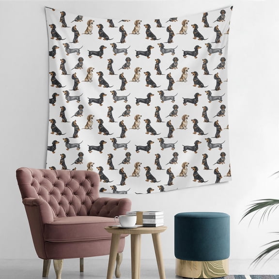 50x50 Inch Square Wall Tapestry for Indoor & Outdoor, Living Room, Bedroom, Teen Room,Dachshund Variety White Pattern