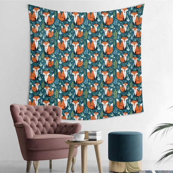 50x50 Inch Square Wall Tapestry for Indoor & Outdoor, Living Room, Bedroom, Teen Room,Fox Floral Leaf Dark Teal Pattern