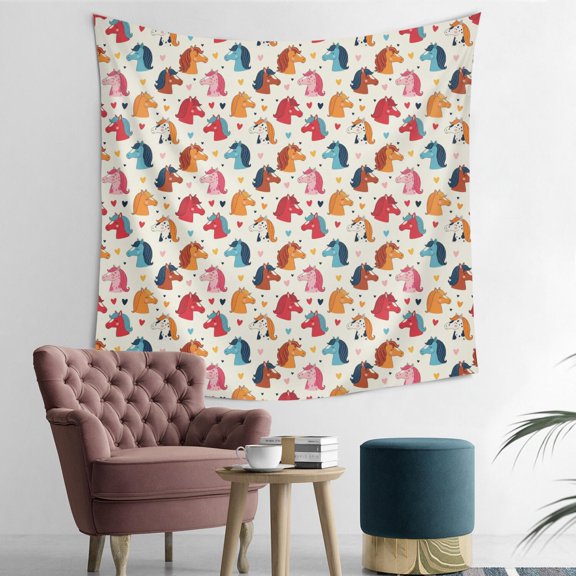 50x50 Inch Square Wall Tapestry for Indoor & Outdoor, Living Room, Bedroom, Teen Room,Horse Colorful Head Beige Pattern