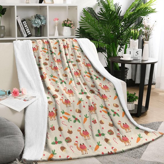 50x60 Inch Flannel Fleece Blanket for Men, Women & Kids, Soft, Lightweight, All-Season,Christmas Camel Holly Gift Beige Pattern