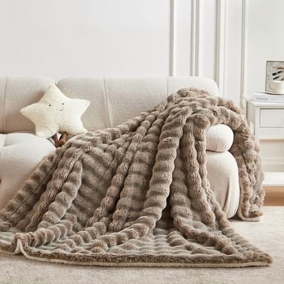 50x60 Inches Ultra-Soft Fuzzy Faux Fur Plush Throw Blanket - Thick, Warm Sherpa for Couch, Sofa, Bedroom, Camping - Decorative Blanket for Cozy Warmth, Bubble Brown
