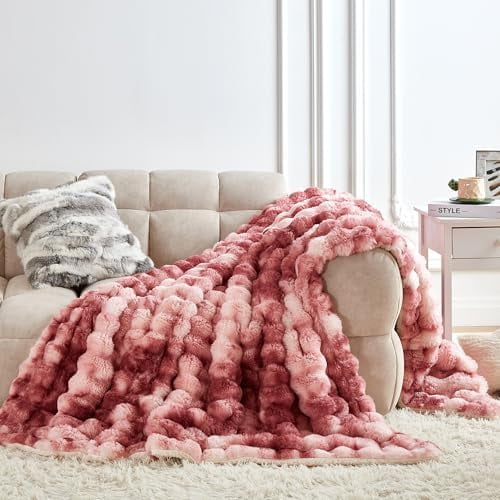 50x60 Inches Ultra-Soft Fuzzy Faux Fur Plush Throw Blanket - Thick, Warm Sherpa for Couch, Sofa, Bedroom, Camping - Decorative Blanket for Cozy Warmth, Bubble Dusty Rose Tie Dye