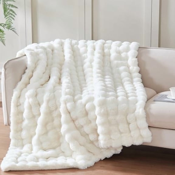 50x60 Inches Ultra-Soft Fuzzy Faux Fur Plush Throw Blanket - Thick, Warm Sherpa for Couch, Sofa, Bedroom, Camping - Decorative Blanket for Cozy Warmth, Bubble Ivory White
