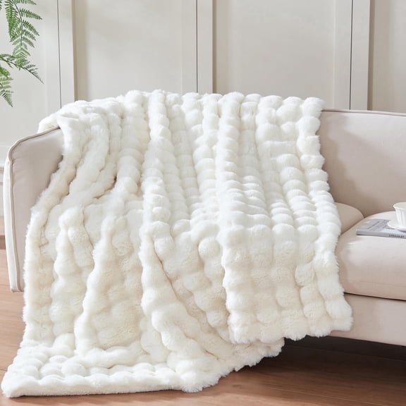 50x60 Inches Ultra-Soft Fuzzy Faux Fur Plush Throw Blanket - Thick, Warm Sherpa for Couch, Sofa, Bedroom, Camping - Decorative Blanket for Cozy Warmth, Bubble Ivory White