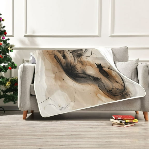 50x60 inch Crystal Fleece & Arctic Fleece Blanket Soft Bed Throws for Home or Camping Beige and Black Swirling Shapes