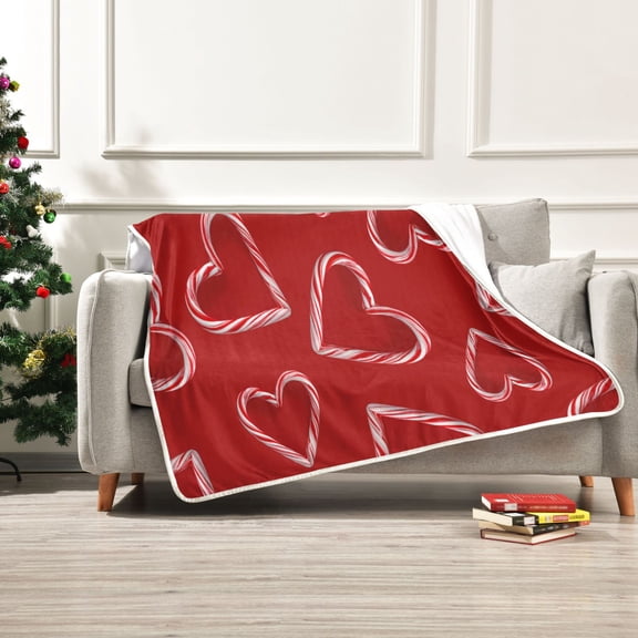 50x60 inch Crystal Fleece & Arctic Fleece Blanket Soft Bed Throws for Home or Camping Candy Cane-shaped Hearts Pattern