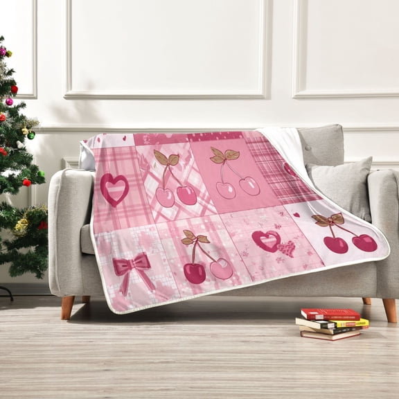 50x60 inch Crystal Fleece & Arctic Fleece Blanket Soft Bed Throws for Home or Camping Cherry Pattern with Bows