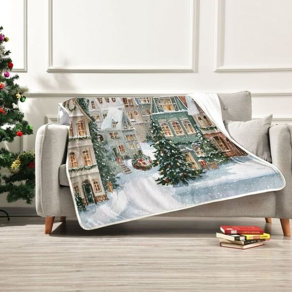 50x60 inch Crystal Fleece & Arctic Fleece Blanket Soft Bed Throws for Home or Camping Cozy Winter Town with Snow