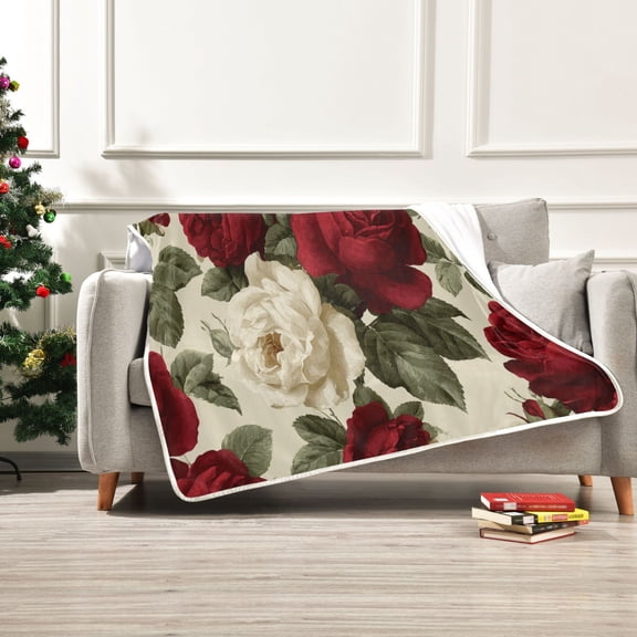 50x60 inch Crystal Fleece & Arctic Fleece Blanket Soft Bed Throws for Home or Camping Red and White Roses