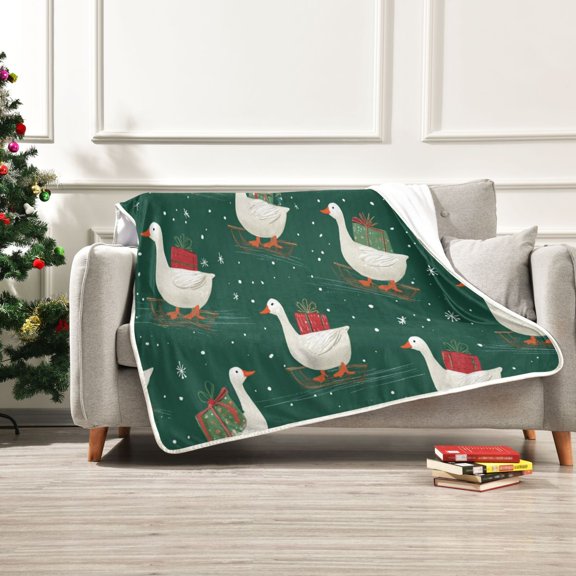 50x60 inch Crystal Fleece & Arctic Fleece Blanket Soft Bed Throws for Home or Camping White Goose Carrying Christmas Gift