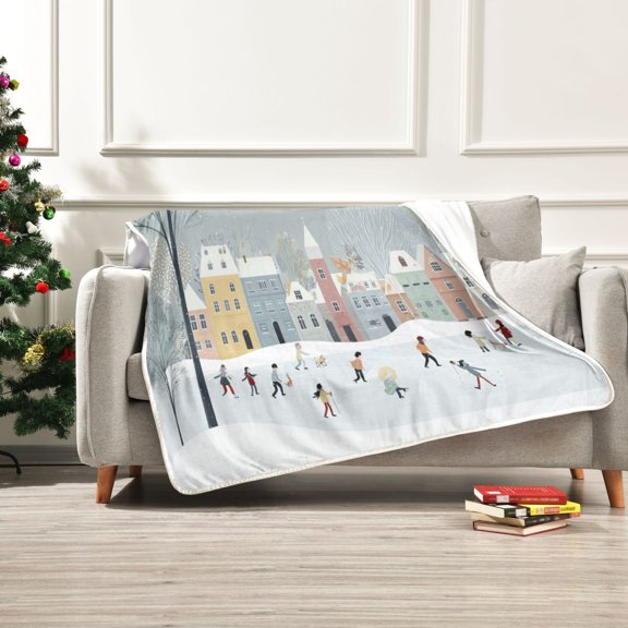 50x60 inch Crystal Fleece & Arctic Fleece Blanket Soft Bed Throws for Home or Camping Winter Wonderland with Small Town