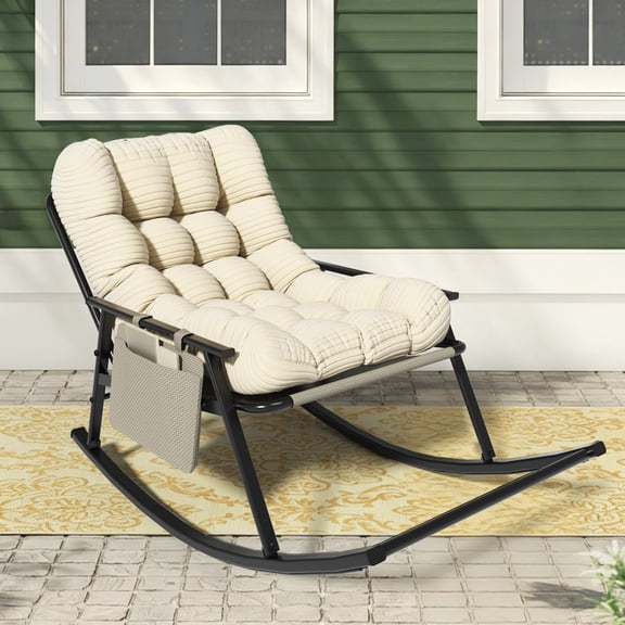 Junkai Bubble Tufted Cushion Metal Rocking Chair with Wide Armrest & Side Storage Pocket, Leisure Patio Furniture, Durable Outdoor Patio Furniture Set for Balcony, Backyard, Garden(Beige)