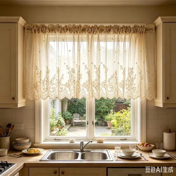 51" × 16" Embroidered Lace Sheer Kitchen Curtain Valance, Rod Pocket Floral Window Treatment for Small Windows