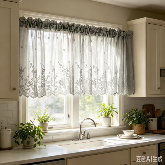 51" × 16" Embroidered Lace Sheer Kitchen Curtain Valance, Rod Pocket Floral Window Treatment for Small Windows