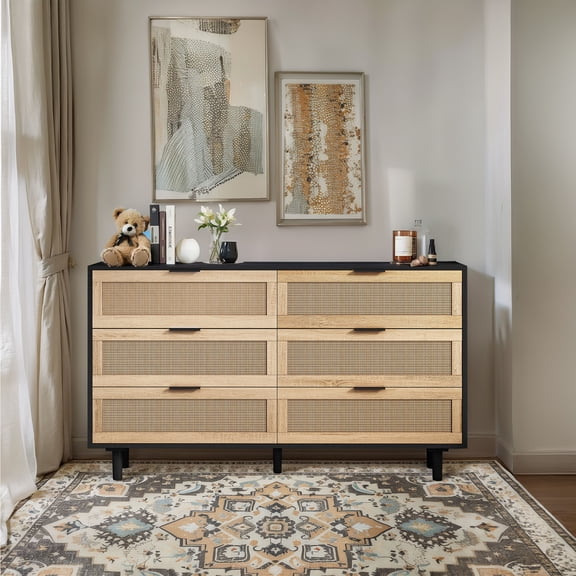 51.18"6-Drawers Rattan Storage Cabinet Rattan Drawer,for Bedroom,Living Room,Black (Same SKU:W757112779)