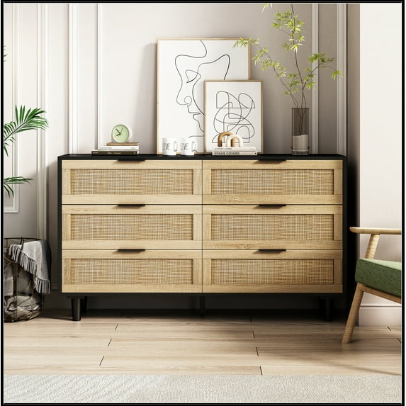 51.18"6-Drawers Rattan Storage Cabinet Rattan Drawer,for Bedroom,Living Room,Black