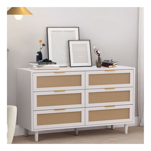 51.18"6-Drawers Rattan Storage Cabinet Rattan Drawer,for Bedroom,Living Room,White