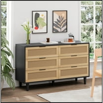 51.18"6-Drawers Rattan Storage Cabinet Rattan Drawer with White Drawer Slides,for Bedroom,Living Room,Black