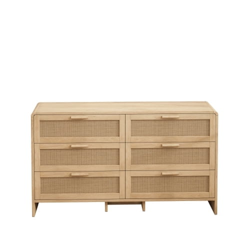 51.18" Arc Shaped Corner Rattan Cabinet, 6-Drawers Rattan Storage Cabinet Rattan Drawer for Living Room Bedroom and Kitchen (Natural)