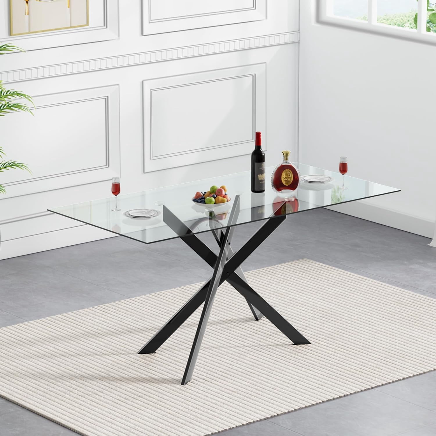 51.18 Inch Black Glass Rectangular Dining Table for 6 - Modern Kitchen ...