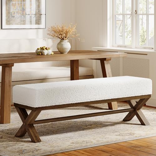 51.18-Inch Solid Wood Dining Bench, Modern Dining Bench with Faux Shearling Padded Seat and X-Shaped Legs, Upholstered Kitchen Stool for Dinner Room, Living Room, White & Brown$$Furniture
