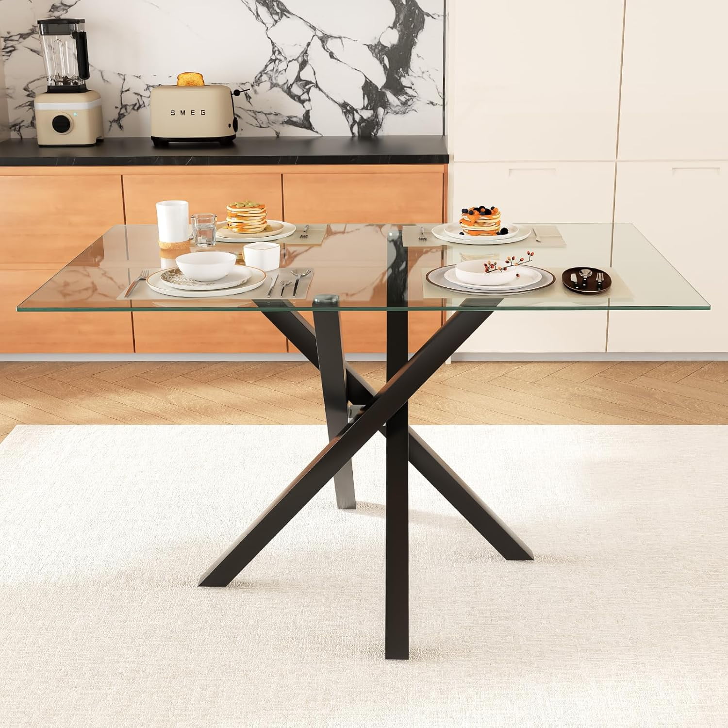 51.18 Inch Tempered Glass Dining Table, Rectangular Modern Kitchen ...