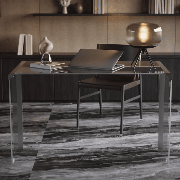 51.18" Modern Tempered Glass Computer Desk,Clear | Office Table,Transparent Glass Legs, Steel Frame, Minimalist Stylish Glass Top, Home Office Furniture