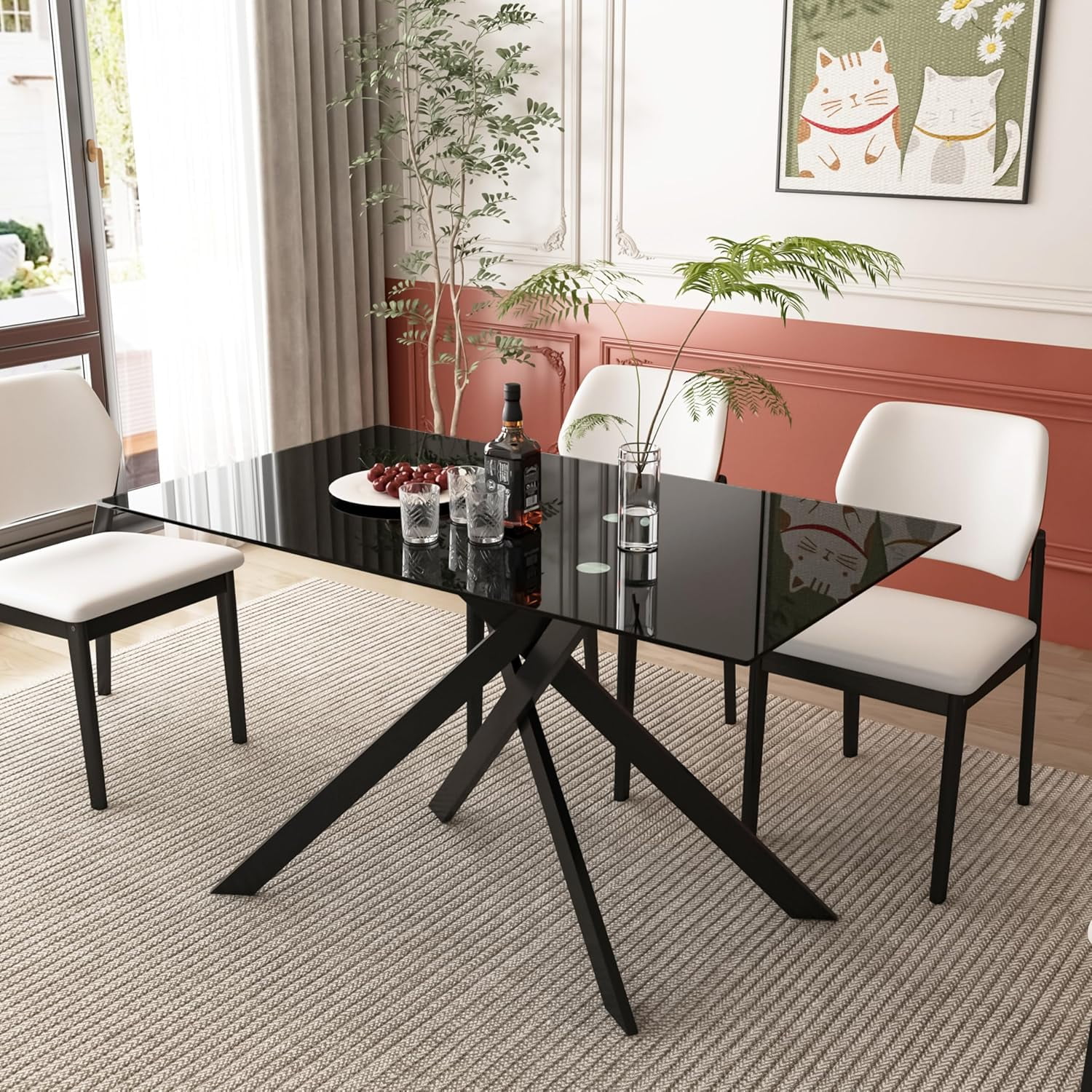 51.18" Rectangular Glass Dining Table, Black Tempered Glass Dining Room Table for 4-6, Modern ...