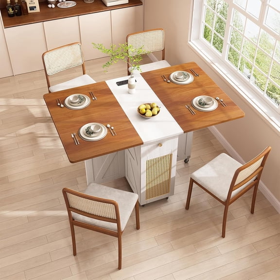 51.18Transformer Table for 2-4, Farmhouse Foldable Dining Table with Drawer and Power Outlet, Small Dining Table with 6 Wheels for Small Space, Walnut