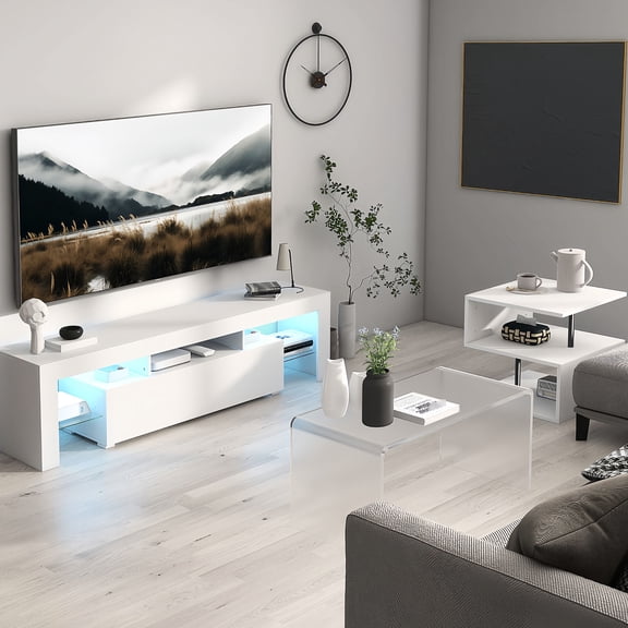 51.18-inch TV Stand with Down Flip Door | For Living Room, 16 Color LED Lights and Glass Partition