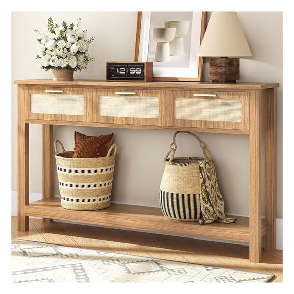 51.2" Entryway Table with 3 Rattan Drawers, Boho Console Table with Storage, Hallway Entry way Table, Narrow Long Sofa Table Behind Couch, Foyer Wooden Table for Entrance, Living Room,Oak Brown