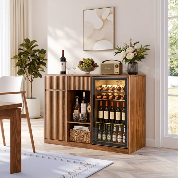51.2" Fluted Bar Cabinet with Fridge Compartment & Power Outlets, Adjustable