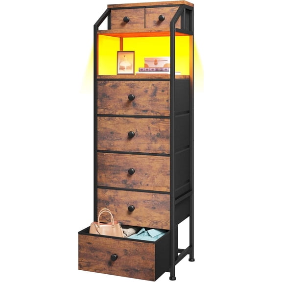51.2" H Vertical Dresser with LED Lights, 7 Fabric Drawers, Open Wood Shelf, Metal Frame, for Bedroom, Dorm, Entryway, Bathroom (Brown)