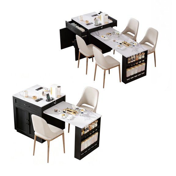 51.2 Inch Extendable Kitchen Island, Multi-Functional Dining Table for 2-6 People,Multi-interface power supply, Large Storage & Lockable Casters, Black