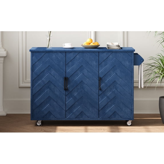 51.2 Inch Kitchen Island with Drop Leaf Table, Farmhouse Kitchen Storage Cart with 3D Wave Stripes Ash Veneer, Rolling Kitchen Island with Wheels and Internal Storage Rack, , Navy Blue