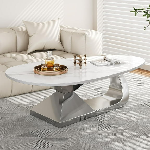51.2-Inch Modern Oval Marble Coffee Table with Silver Sturdy Stainless Steel Base - Elevate Your Living Room with Style & Luxury,Scratch-Resistant & Easy Assembly.