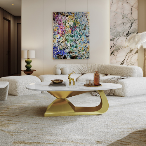 51.2-Inch Modern Oval Marble Coffee Table with Sturdy Gold Stainless Steel Base - Elevate Your Living Room with Style & Luxury, Scratch-Resistant & Easy Assembly.